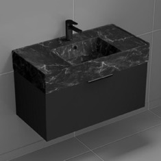 Floating Black Bathroom Vanity, Modern, 32 inch, Black Marble Style Sink